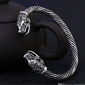 Sterling Silver Plated Serpent Viking Wolf Head Cuff Bracelet